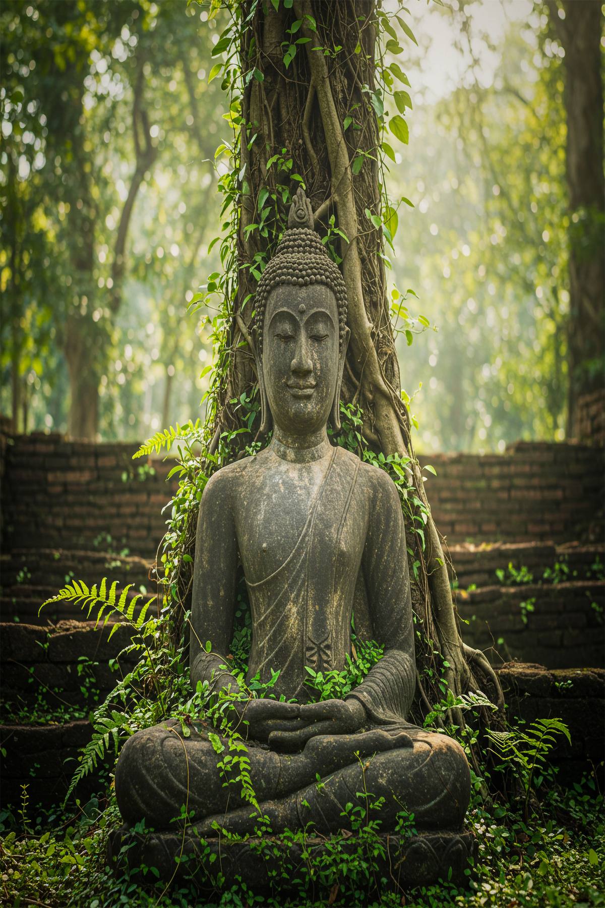 Cabeza de Buda de piedra envuelta por las raíces de un árbol en Ayutthaya