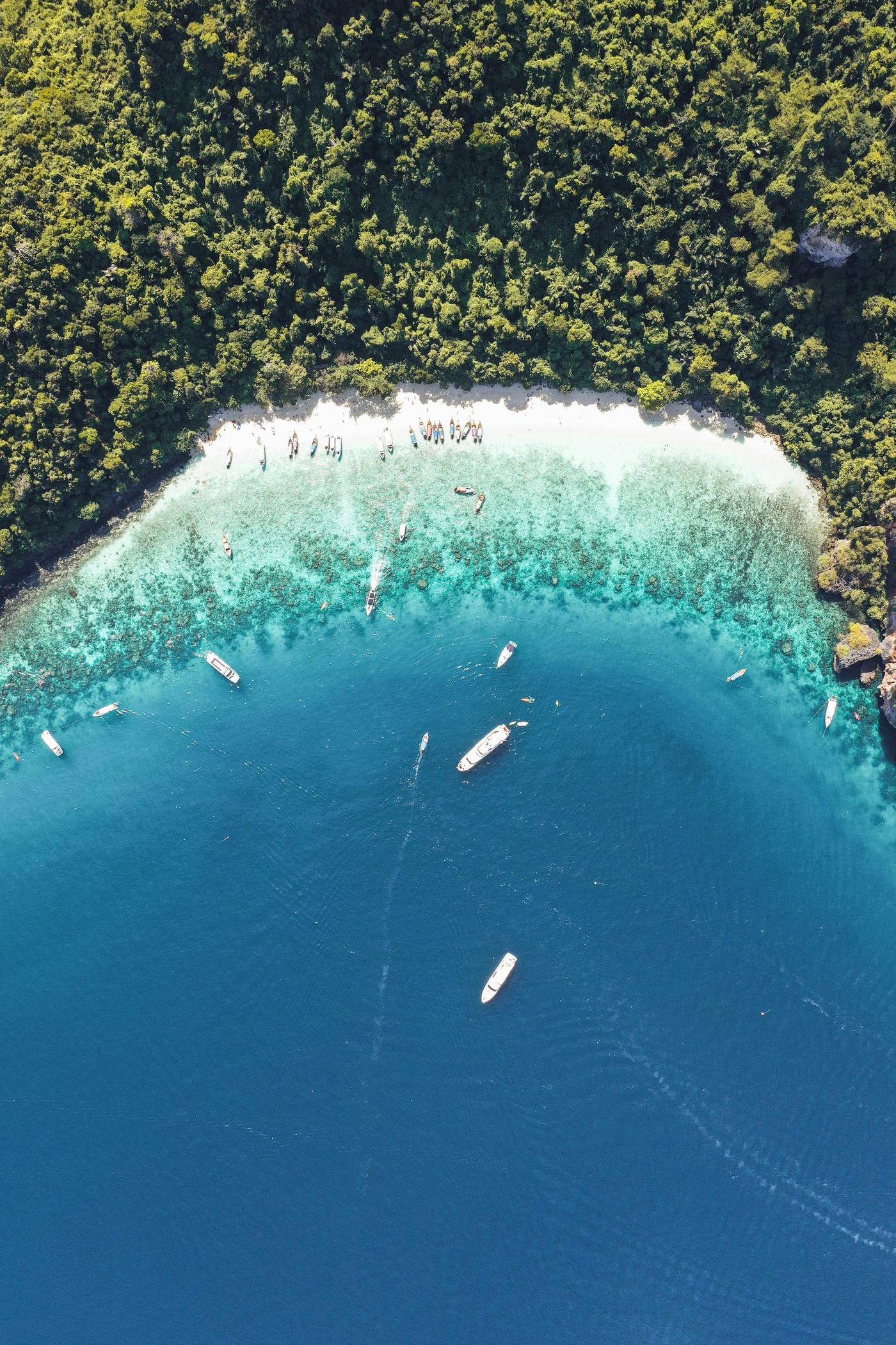 Bahía de Tailandia con varias embarcaciones y viajeros nadando juntos